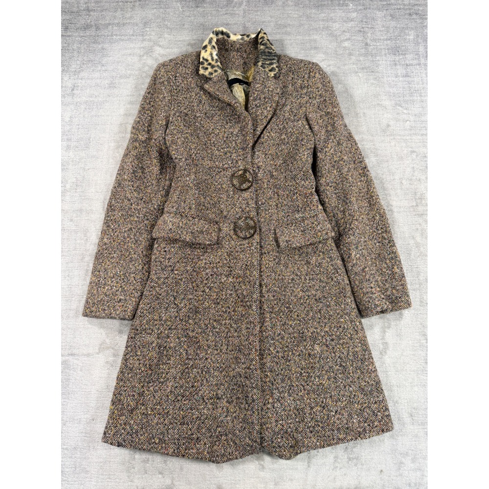 Just Cavalli Jacket Women 40 Brown Virgin Wool VTG Tweed Coat Animal Print Italy